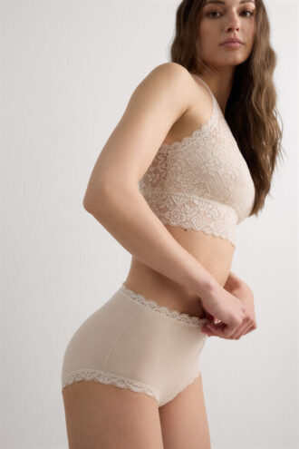 Hipster-truse i bomull og blonder med høy midje