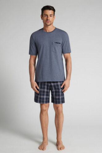 Kort pyjamas i denimstoff med rutemønster og bomull