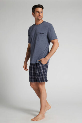 Kort pyjamas i denimstoff med rutemønster og bomull