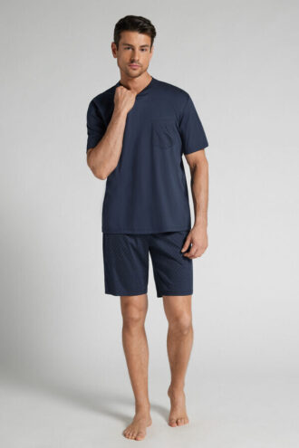 Kort pyjamas i mercerisert bomull med prikkmønster