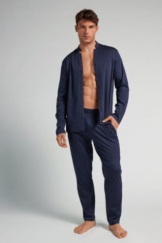 Pyjamas i bomull med åpen front og full lengde