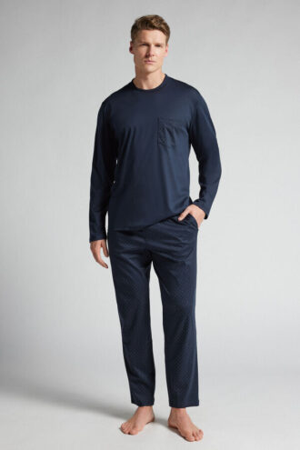 Pyjamas i full lengde i mercerisert bomull med prikkmønster