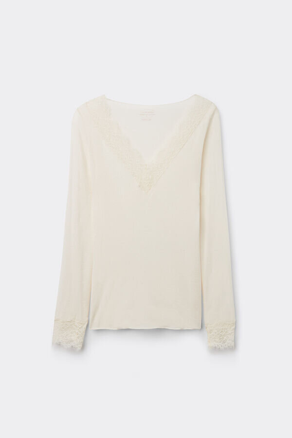 Ultralett kashmirbluse med lange ermer og blonder Ultralett kashmirbluse med lange ermer og blonder